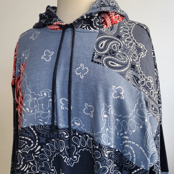 Style & Co Patchwork Bandana Hoodie - Oversized Fit, Blue Red Black - Size: M - Picture 1 of 14